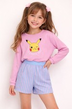 Pokemon Pikachu Girls Pajama Set Pink Long Sleeve Top Blue Shorts NWT SizeM 7-8