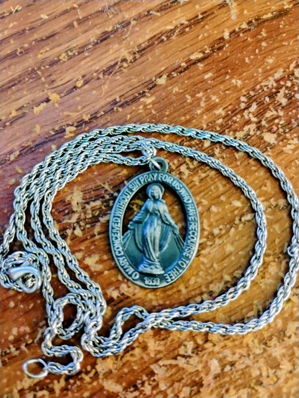 Vintage Miraculous Mary Oval Medal Pendant Charm Silver Tone