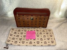 MCM Brown Cognac Logo Pattern Pouch Clutch with Zip Closure Gold Hardware Makeup