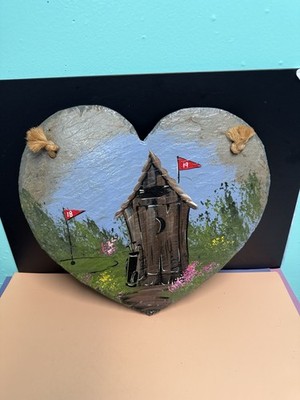 Hand Painted Heart Shaped Slate Wall Hanger W/Golf Motif