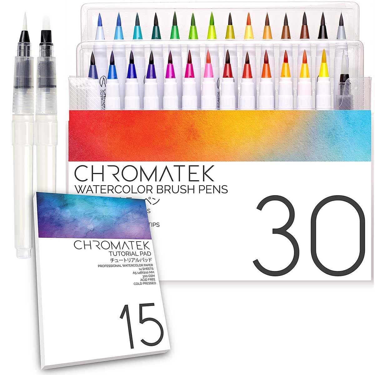 CHROMATEK 30 Watercolor Brush Pens 27 Colors - 3 Aqua Pens