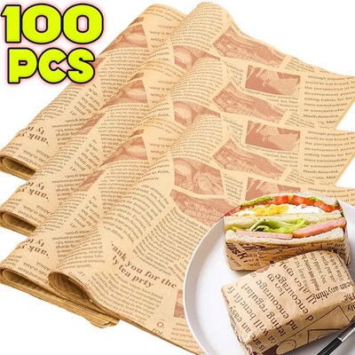 50/100Pcs Oil-Proof Paper Sheet Food Sandwich Packaging Paper Newspaper Style Gr