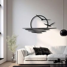 Arte da parete in metallo Sunrise, insegna in metallo sole decorazione parete, parete sole e gabbiani