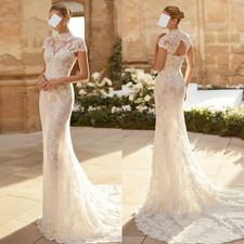 Customized Pleat Lace High Collar Wedding Dress Mermaid Floor-length Bride Gown