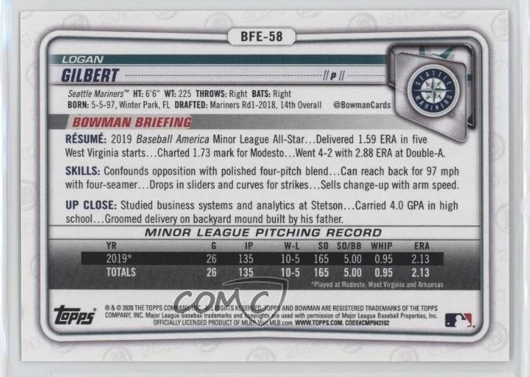 2020 Bowman 1st Edition Gold Foil 12/50 Logan Gilbert #BFE-58 13iq - Image 2 of 3