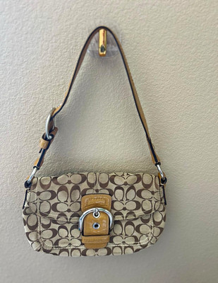 Coach Signature C Monogram Beige/Brown Small Shoulder Bag Flap Buckle Detach