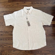 Raffi Mens Yellow Pure Linen Short Sleeve Button Down Shirt Size L Pocket NEW
