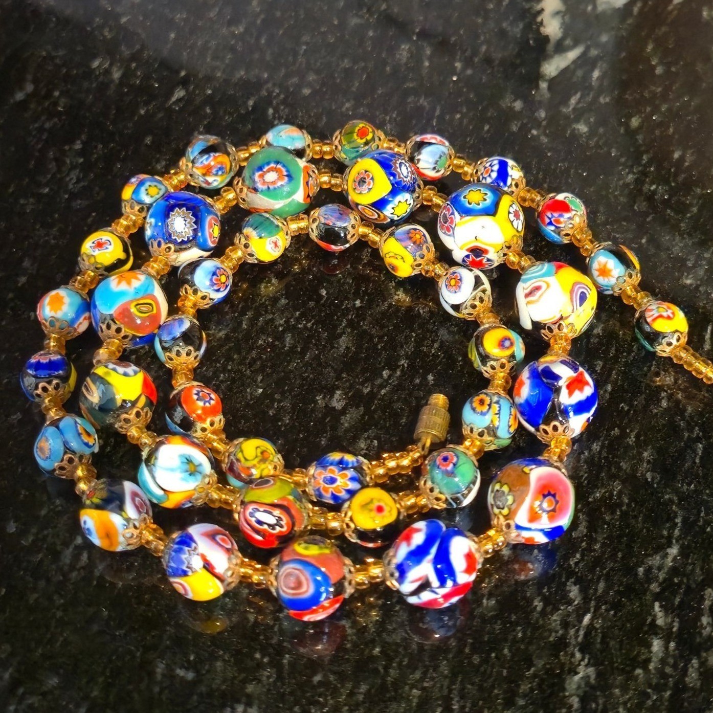Vintage Murano Glass Millefiori Beaded Necklace Venetian hand blown art Italy