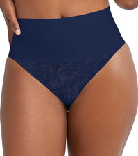 Maidenform Tame Your Tummy Tailored Thong Panties XL Blue Lace Shapewear DM0049