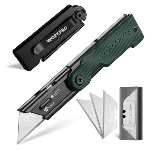 WORKPRO Green Folding Utility Knife Quick Change Box Cutter with Belt Clip USA
