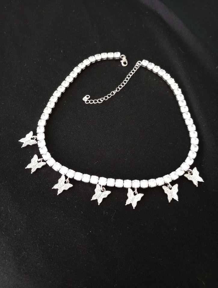 Silver Tone Butterfly  Charm Rhinestone  Necklace  Adjustable  13 to 15 in - Image 2 of 4