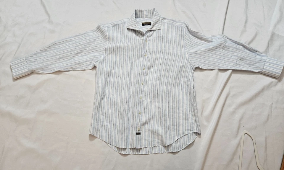 Robert Talbott Men's Linen Button down shirt blue & white stripe - Image 3 of 4