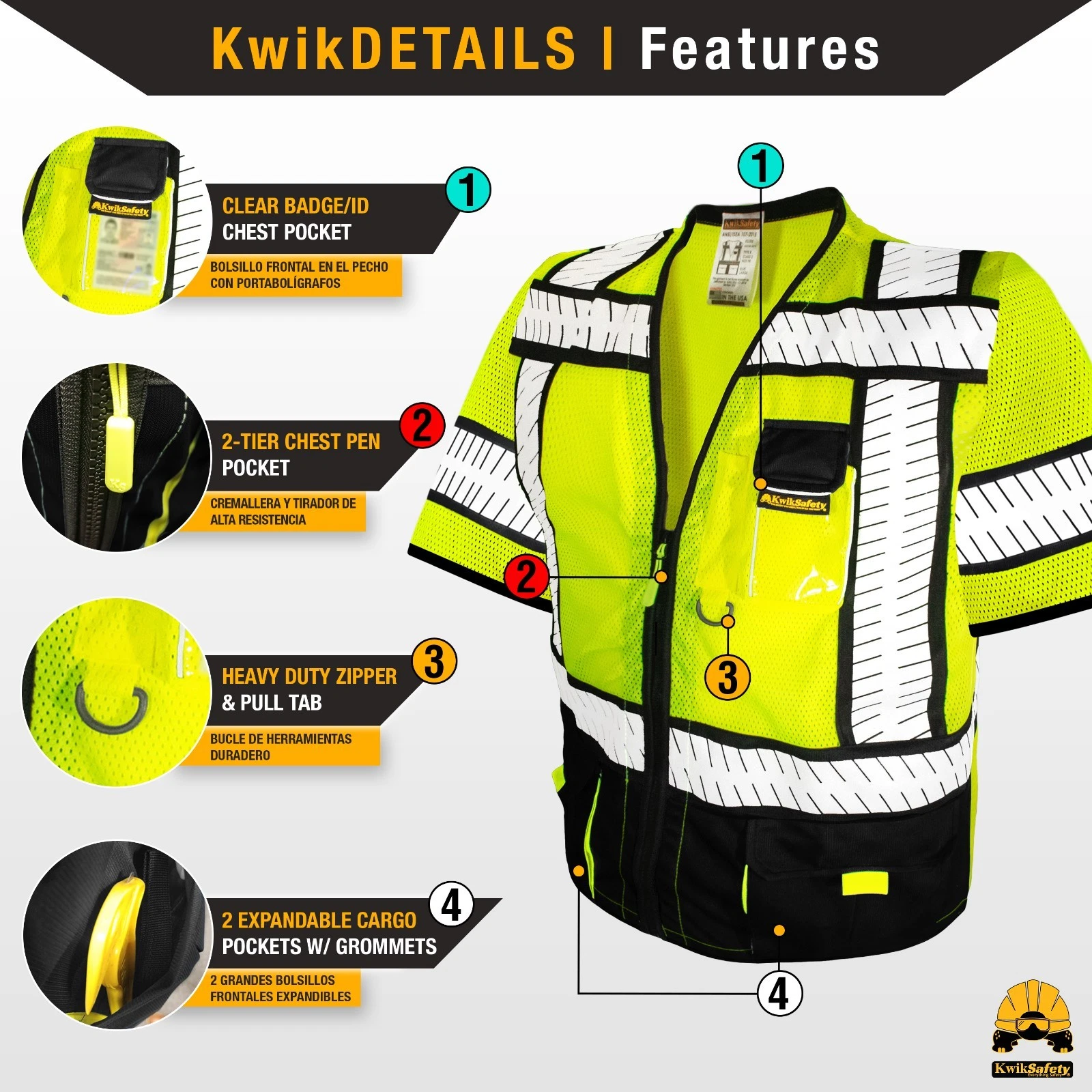 KwikSafety SPECIALIST Safety Vest (Multi-Use Pockets) Class 3 ANSI OSHA Hi Vis - product detail image 4