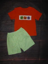 NEW Boutique Halloween Pumpkin Jack-o-lantern Boys Striped Shorts Outfit Set