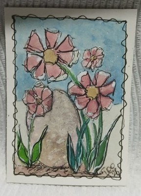 Easter Egg Hunt Chick OOAK Impressionist Scribble Watercolor ACEO Mini Art Card