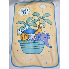 Noah's Ark Baby Blanket Elephant Giraffe Lion Sheep Zebra Bird Yellow Blue VTG