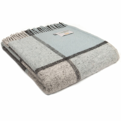 TWEEDMILL 100 % Wollsofa Bettdecke Teppich BLOCK KARO ENTE EI BLAU GRAU WERFEN