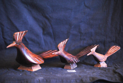 set of 3 hand carved road runner birds signed chito rodriguez luna southwest