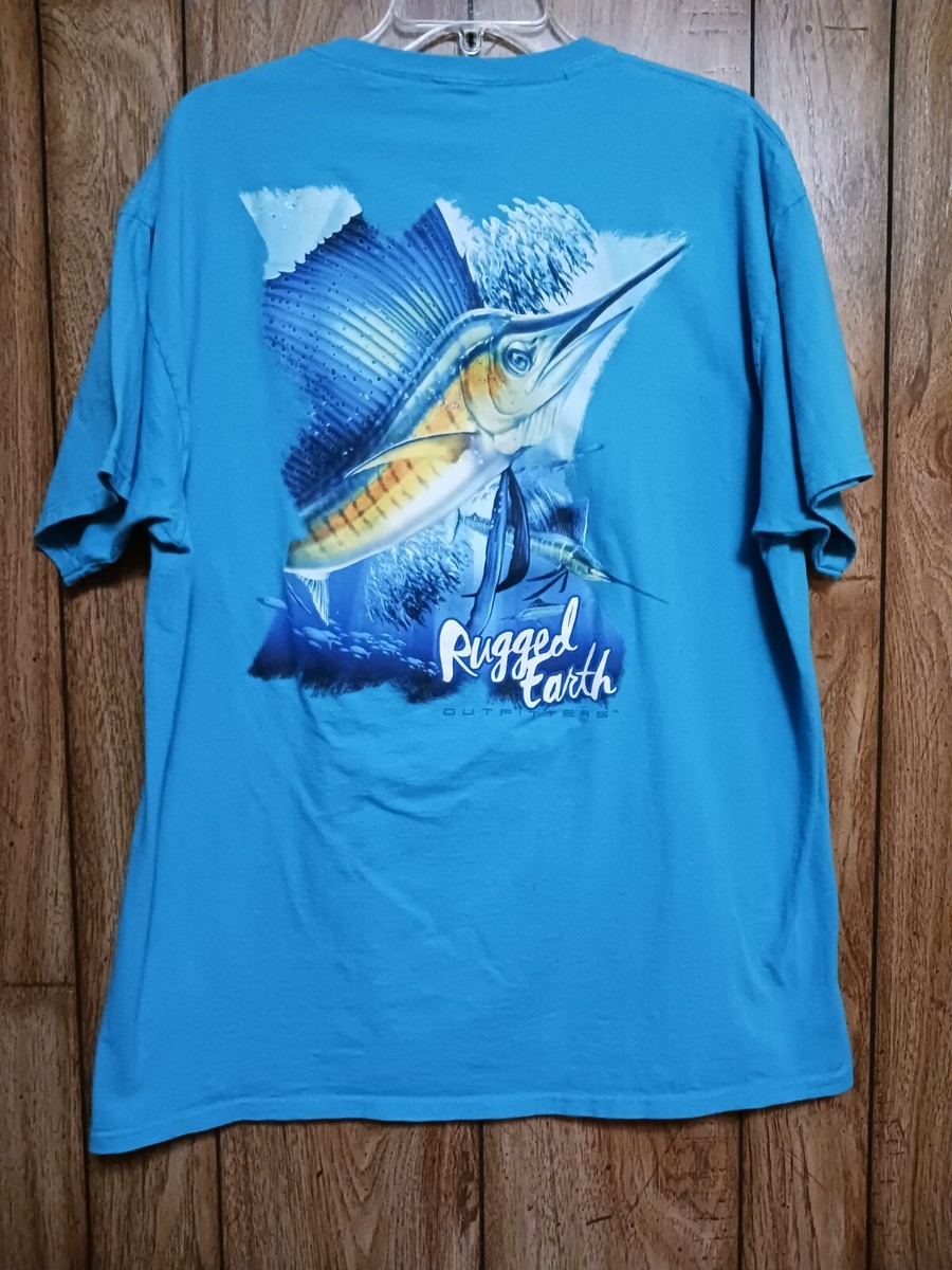アース Rugged Earth Outfitters Marlin Fishing Graphic T-Shirt Blue XLarge