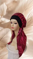Pre-tied Tichel Chemo Scarf Hair wrap. Head Covereing Silky  NONE SLIP Red/Black