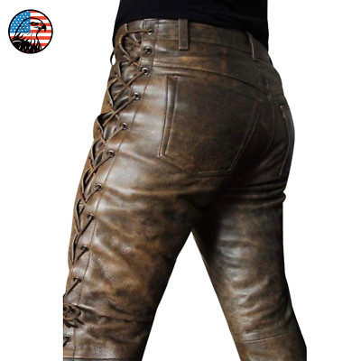 Men's Brown Distressed Real Leather Lace-Up Waxed Jeans Trousers Clubwear Pants