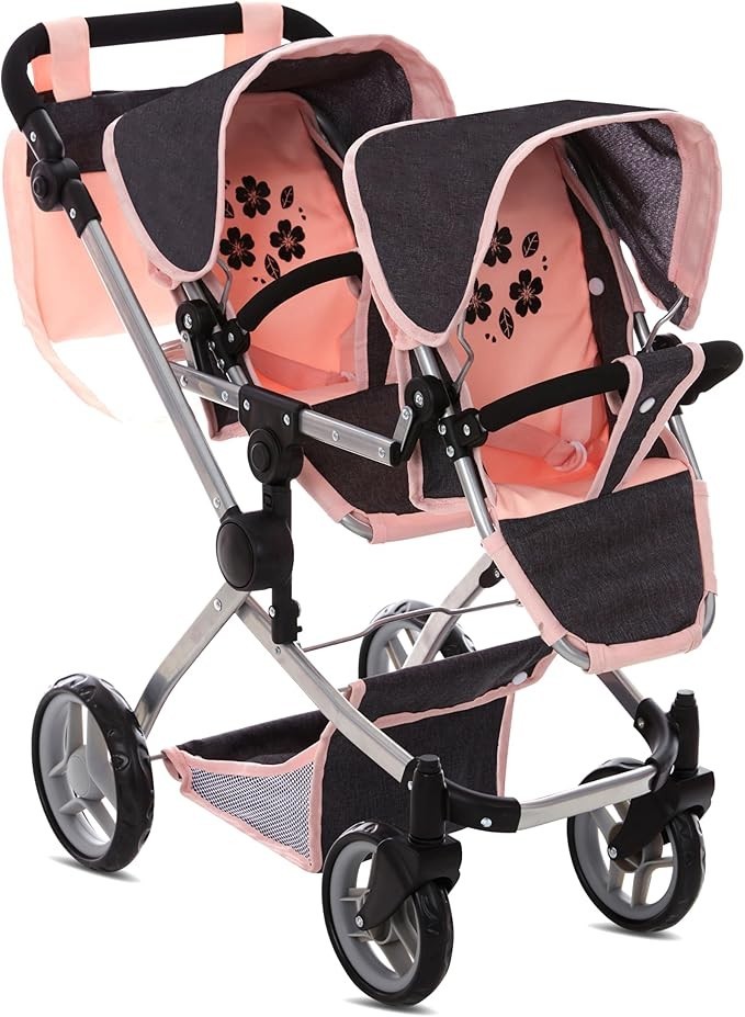 Baby Doll Double Stroller, Twin Pram Buggy Pretend Play for Girls Kids 27.5 Inch