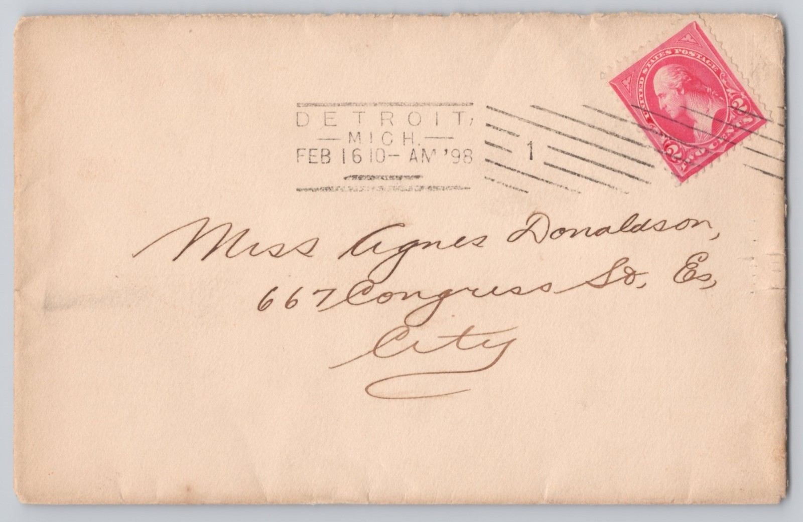 Detroit, Michigan 2c cancel to Miss Agnes Donaldson, Un 1898