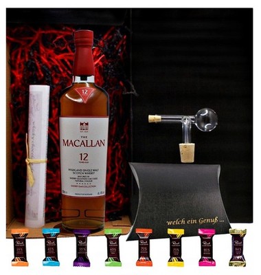 Macallan 12 Jahre Sherry Oak Whisky + Glasportionierer + Edelschokolade Geschenk