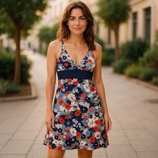 Patagonia Small Margot Dress Floral Navy Orange Sleeveless Stretch Cotton Knit