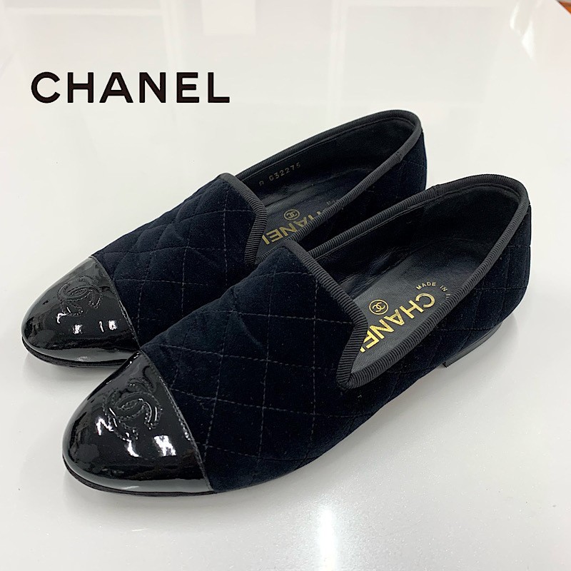 CHANEL Opera Flat Velour Coco Mark Matelasse Black Size 7US Women's Shoes