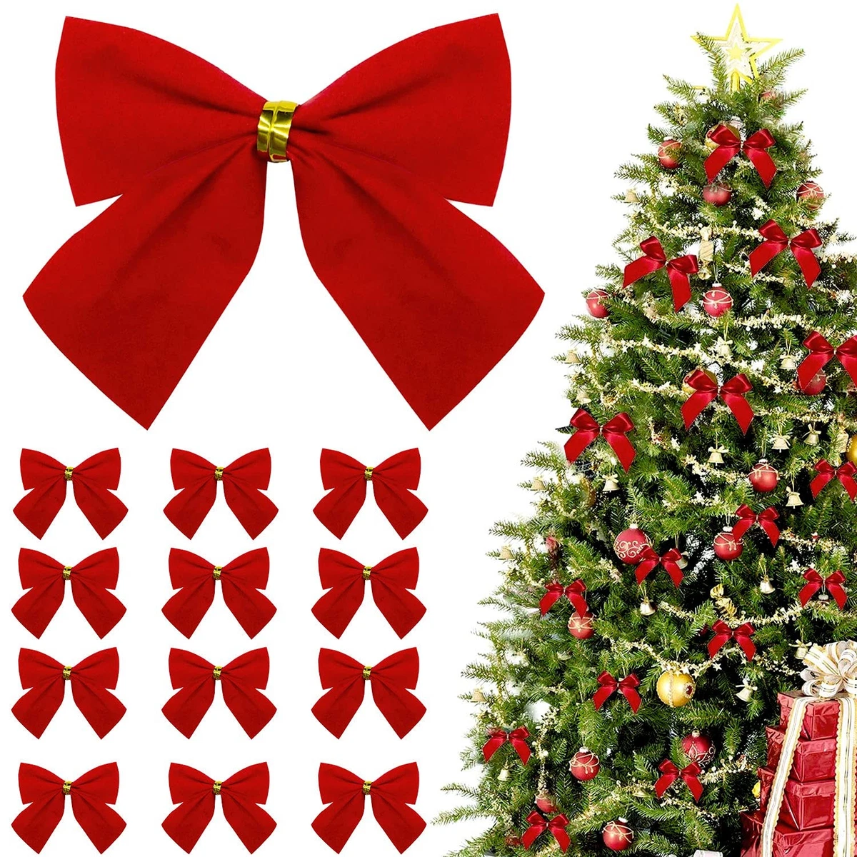 ZOUBAOQ Fiocco extra large per albero di Natale, 40,6 x 145,6 cm, fiocco gigante in raso rosso con lunghe stelle filanti, enormi fiocchi decorativi per la casa, Natale, vacanze, feste, forniture