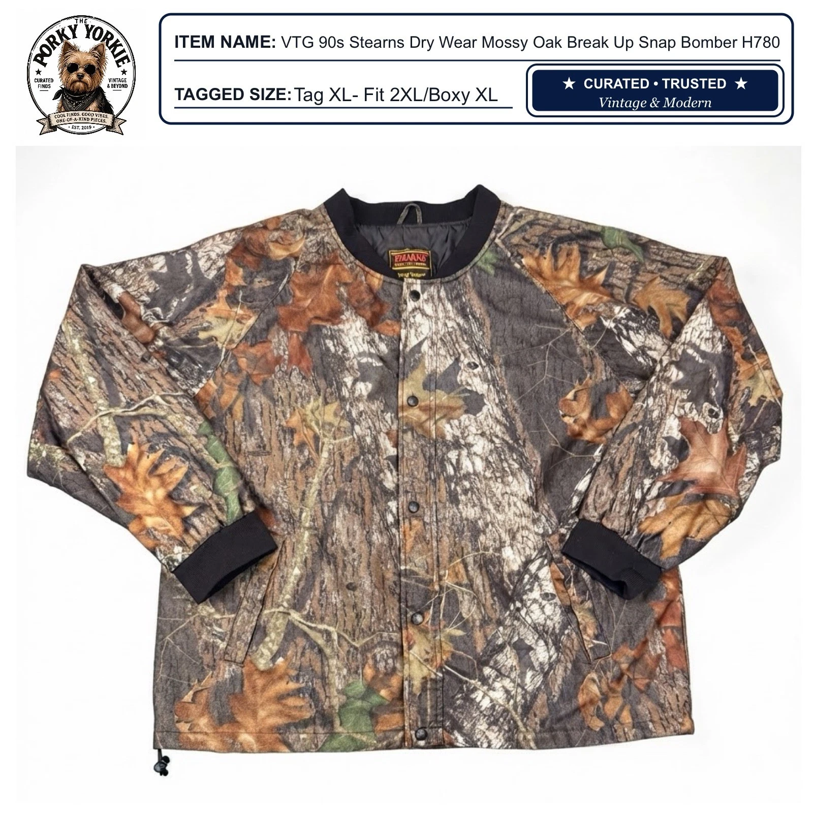Vintage 90s Stearns Dry Wear Mossy Oak Break Up Camo Bomber Jacket Mens XL - product detail image 1