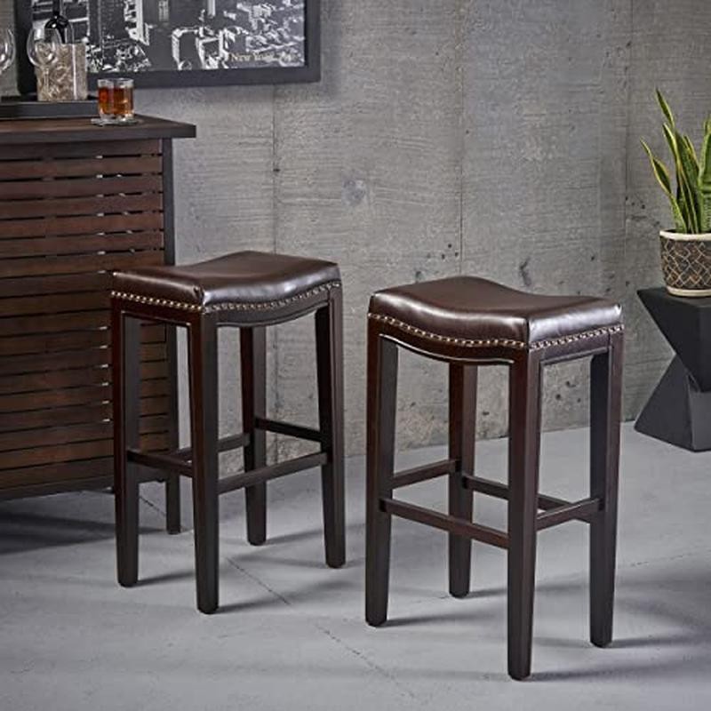 Modern Backless Bar Stools Set 2 Pcs Comfortable Padded Leather Hardwood Frame