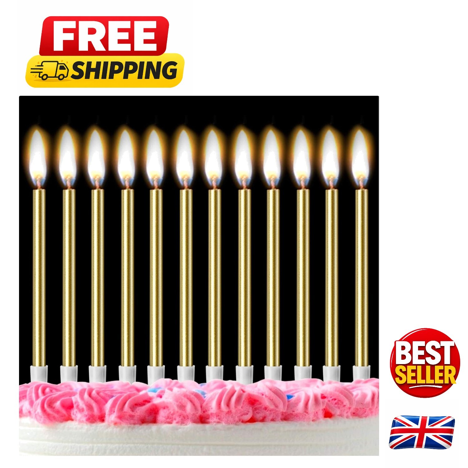 12 Elegant Gold Birthday Cake Candles with Glitter for Special Celebrations