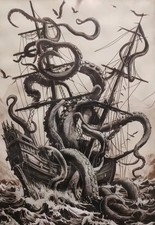 Beware the Kraken / Giant Squid / Sea Monster. Great Old Image on Canvas. UK utb