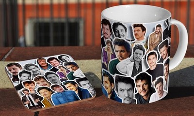 Pedro Pascal Gesichter Collage - Keramik Kaffee-/Teetasse + passender Untersetzer