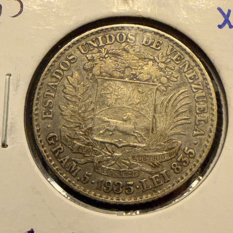 1935 Venezuela 1 Bolivar Silver Coin Y#22 .835 5g Simon Bolivar
