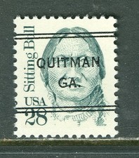 Quitman GA 243 DLE precancel on 28c Sitting Bull Great American issue