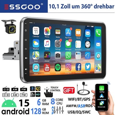 8Core 128G Android15 Carplay 1DIN Autoradio 360° Drehbar Bildschirm GPS Navi KAM