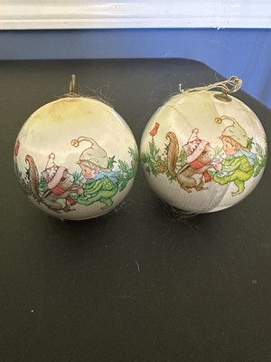Vintage 1980 Current Satin Christmas Ornament Ball Squirrel & Elf Dancing Set 2