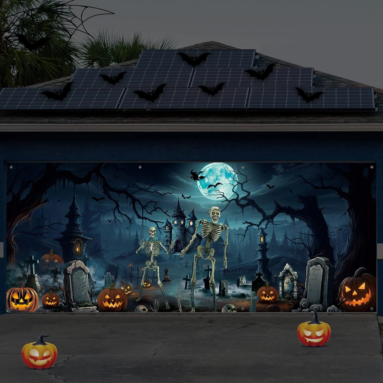 Blossound 7x16FT Halloween Garage Door Banner Spooky Graveyard Scene with Skull Decor