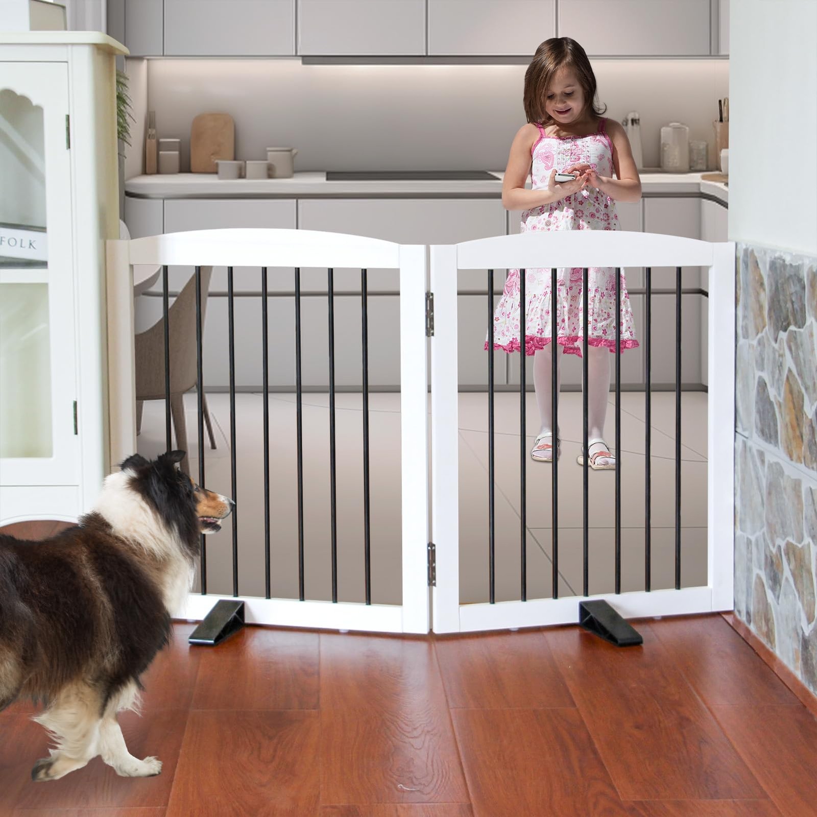 Freestanding Foldable White Wood Indoor Dog Gate for Stairs Long Pet Barrier