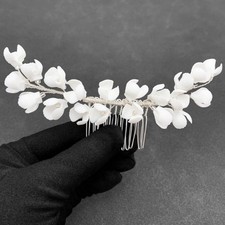 Elegant Ceramic Flower Wedding Hair Comb Silver Vine Hair Piece Accessory