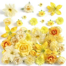 Fake Flower Heads for Crafts - Yellow Silk Artificial Roses, Peonies, Daisies...
