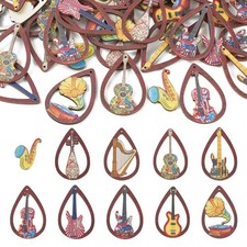 40pcs Wooden Earring Charms Big Flat Teardrop Printed Wood Musical Instrument...