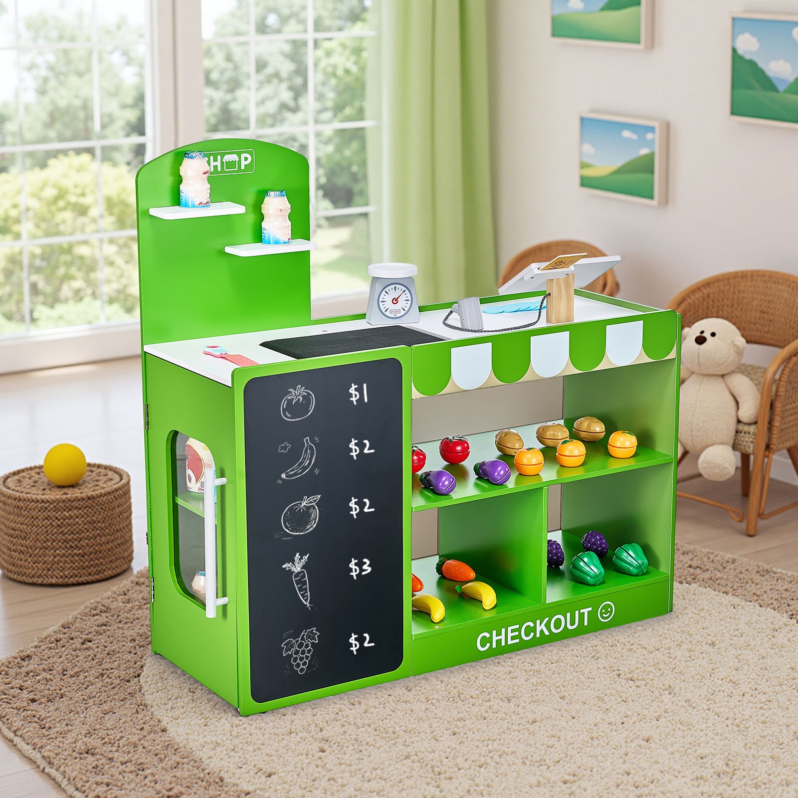 как выглядит VEVOR Kids Grocery Store Playset Wooden Play Market Stand with Cash Register фото
