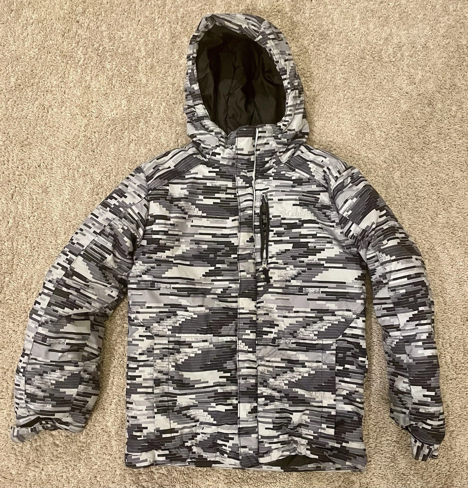 Columbia Jacket Youth Medium Black Gray Digital Hooded Insulated Full Zip Winter