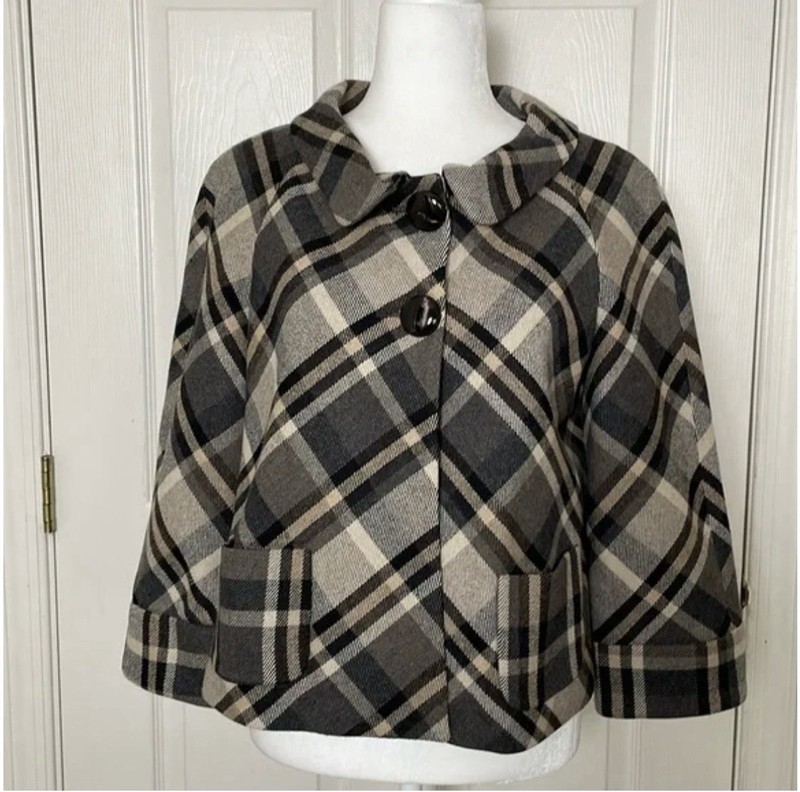 ZARA Woman: Checked Plaid Tartan Wool Blend Coat Jacket, Size L