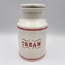 Vtg CREAM JAR PITCHER jug Pottery White & Red canister w/ lid 48oz Farmhouse