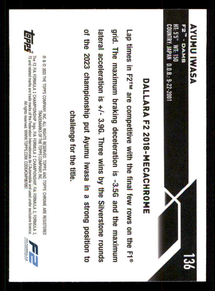 2023 Topps Chrome Formula 1 #136 Ayumu Iwasa CAR - Image 2 of 2